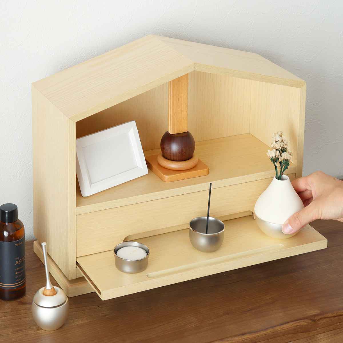 インテリアミニ仏壇 切妻型 引出し付 アッシュ材 突板仕上 約幅36cm
