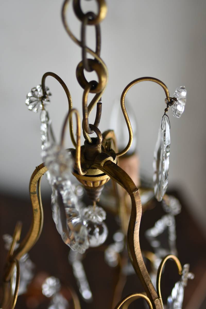 ☆フランス アンティーク ガラスドロップ 3灯 シャンデリア 装飾つき