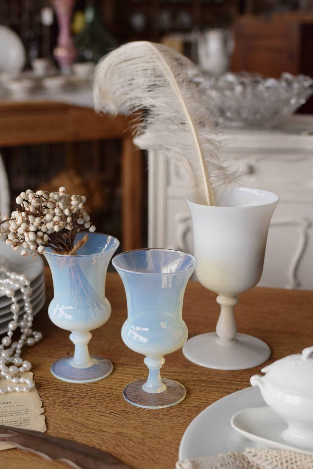 フランスアンティーク オパールセントガラス オパリン 花瓶 フラワー