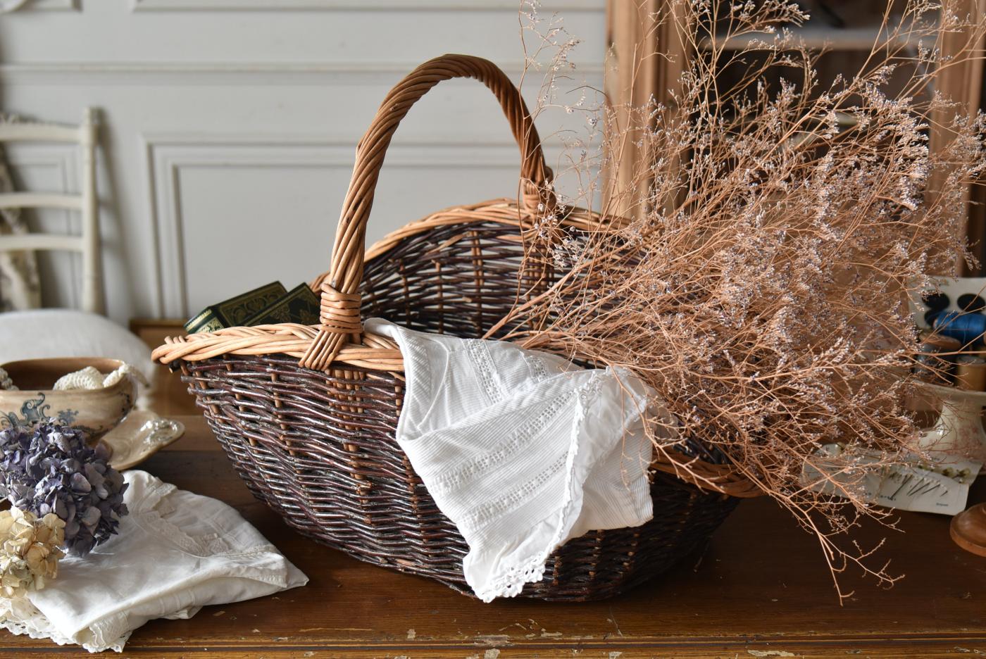 フランスアンティーク雑貨 フラワーバスケット ワンハンドルバスケット