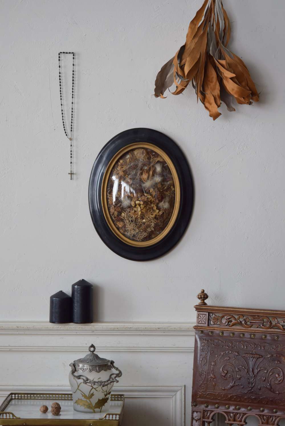 美品】フランスアンティーク ドライフラワー ドーム ゴールドフレーム