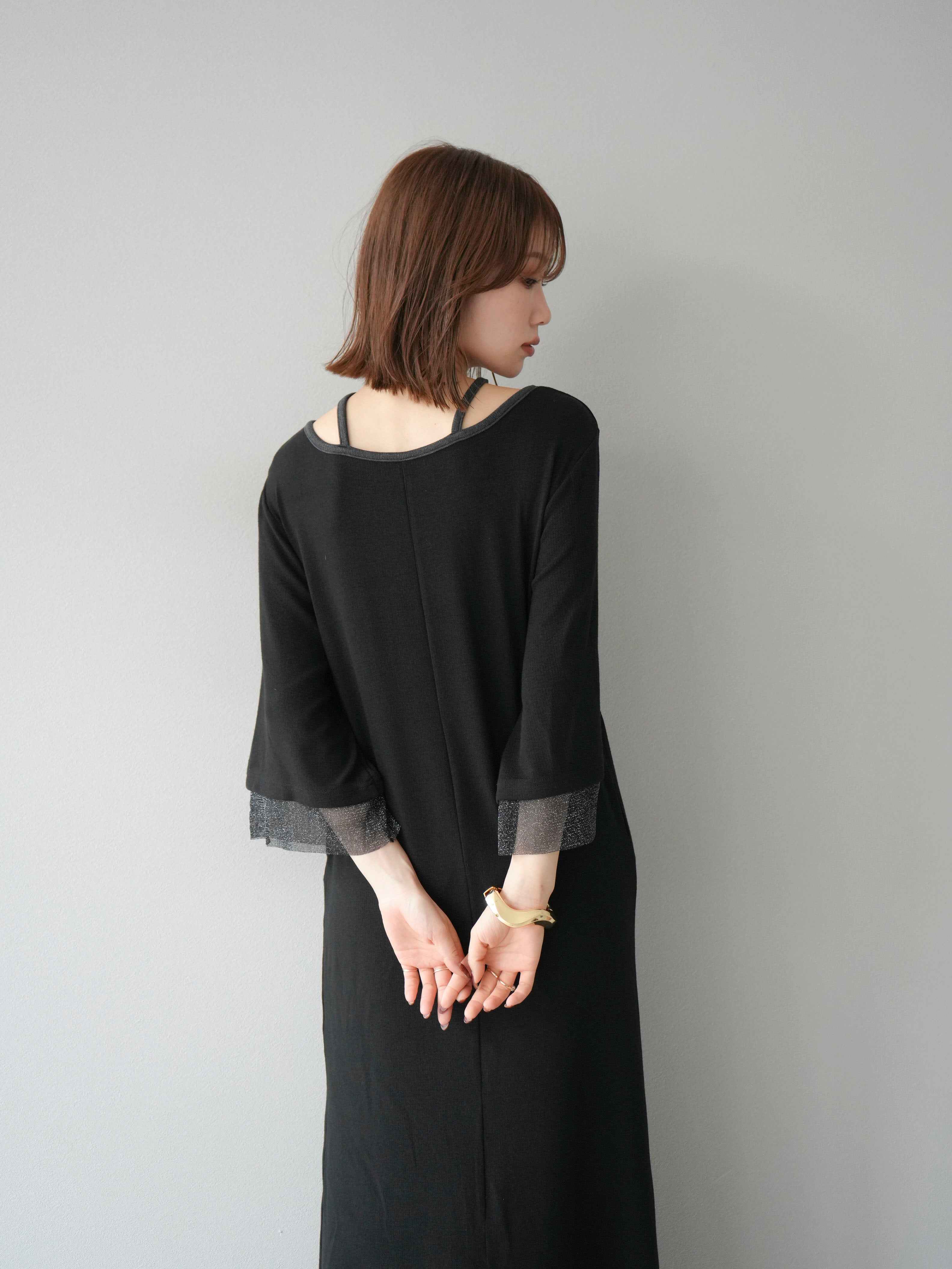 予約]デザインネックラメシアー切替ニットワンピース/ブラック – Lumier