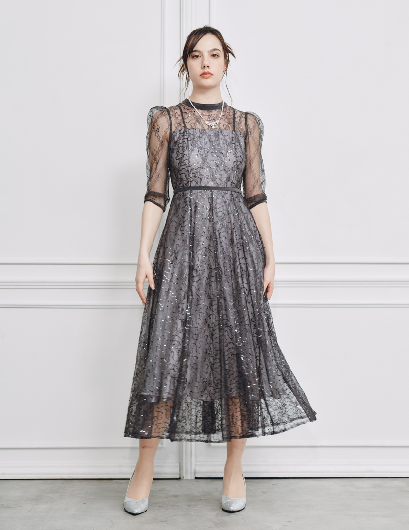 snidel スナイデル スパークルレースドレス グレー スパークルレース