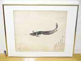 希少 ビンテージ 稚城 水墨画 鯰 ナマズ 直筆サイン 肉筆 印章 料亭