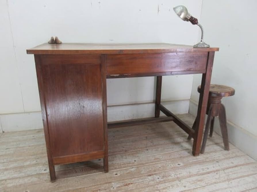 レトロ 片袖デスク 机 書斎 作業台 引き出し 抽斗 5杯 収納 木製