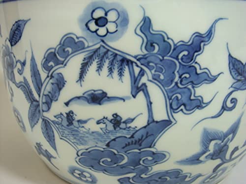 水指□古い染付平水指 静山造 漆器蓋 窓菱形絵変わり山水人物図 茶道具