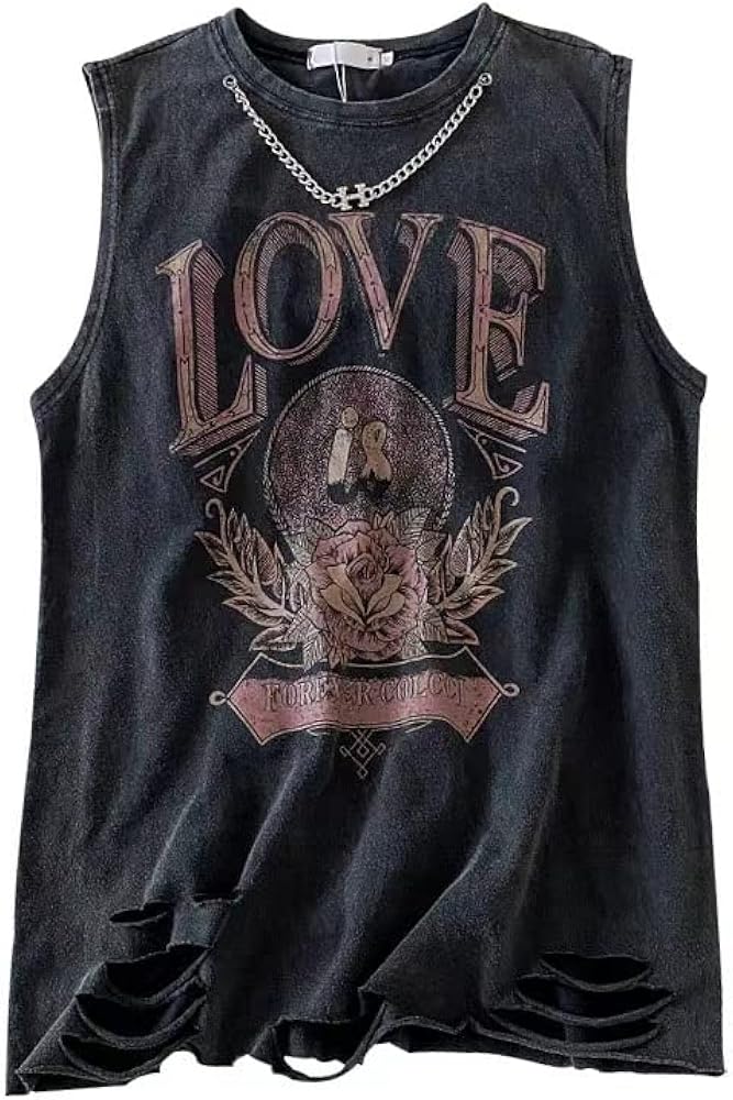 Women's Summer Sleeveless Print Tee Shirt Grunge Distressed Tank