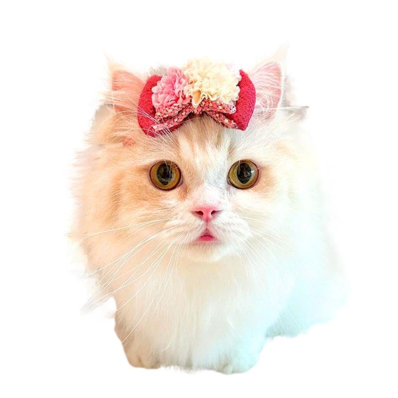 お正月、つまみ細工シングルリボン(赤①)わんちゃん猫ちゃん用首輪