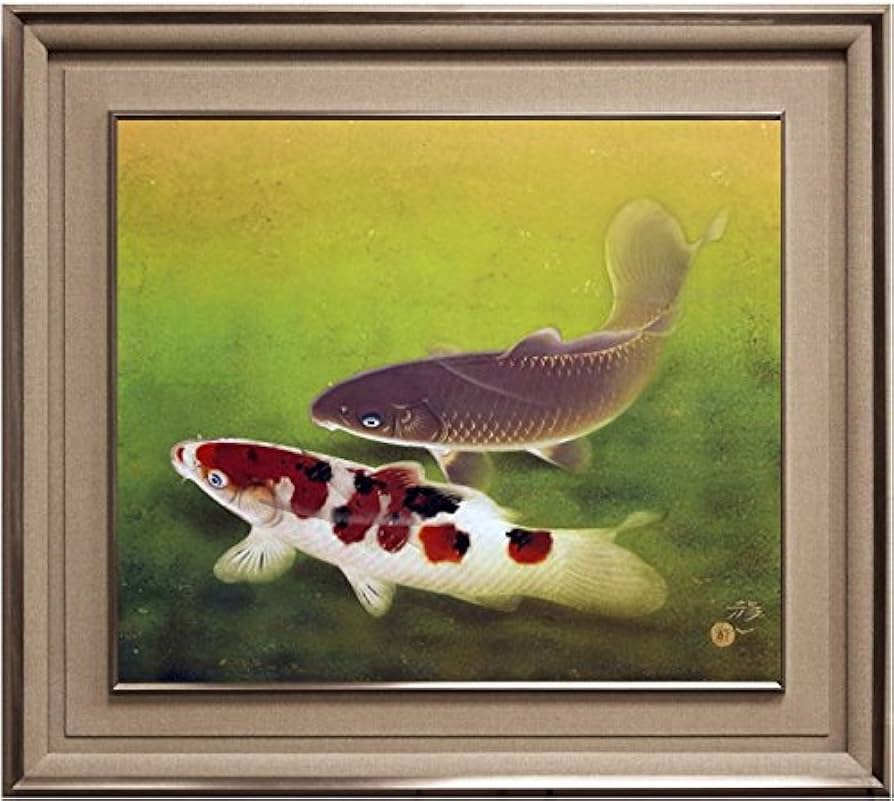 F10 肉筆水彩日本画 『錦鯉』 高級木製額縁付属 外寸約713×638mm