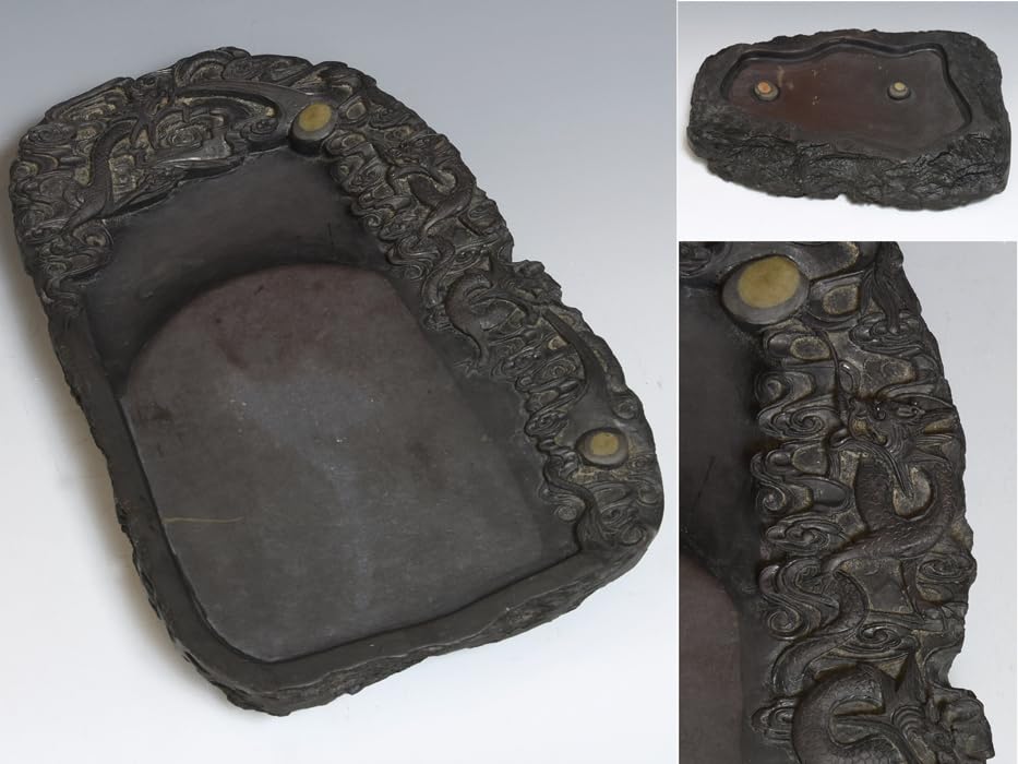 中国美術 端渓眼入雲龍文彫刻 唐木箱 重さ約993g 唐物 書道具 中国美術