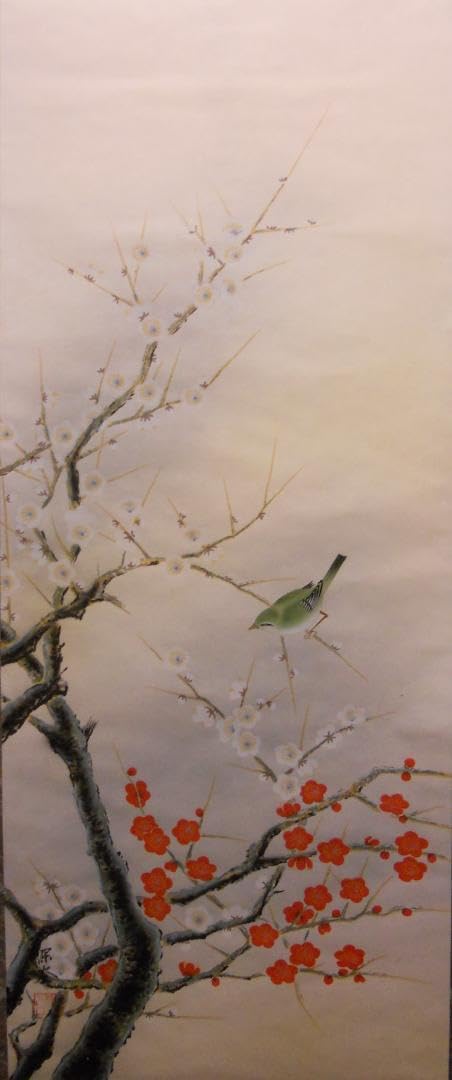 掛け軸 深谷 梅に鶯 絹本 希少 軸装 茶道具 掛軸 美品 です。 【公式通販】