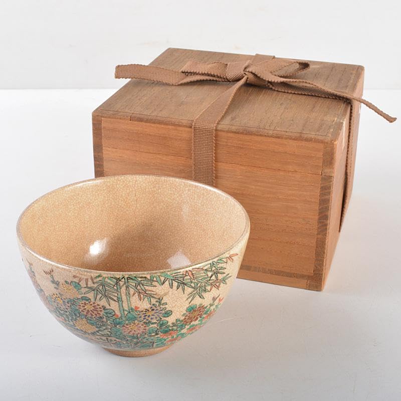 茶道具京焼野々村仁清作色絵竹下群花文茶碗時代箱付MR5269