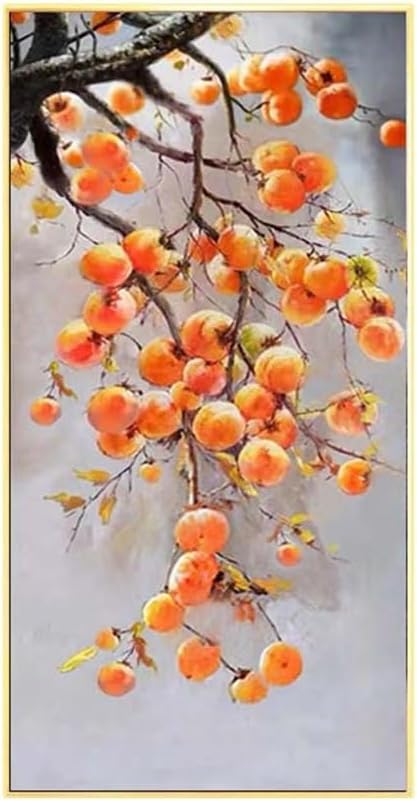 手绘油画新中式玄关装饰画柿子挂画走廊过道轻奢入户