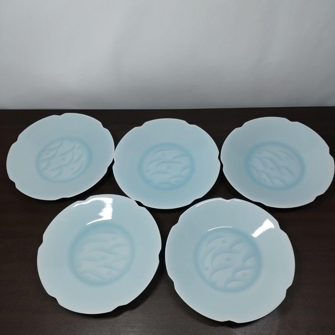 快山造 人間国宝 塚本快示 青白釉波彫文 五客 皿 共