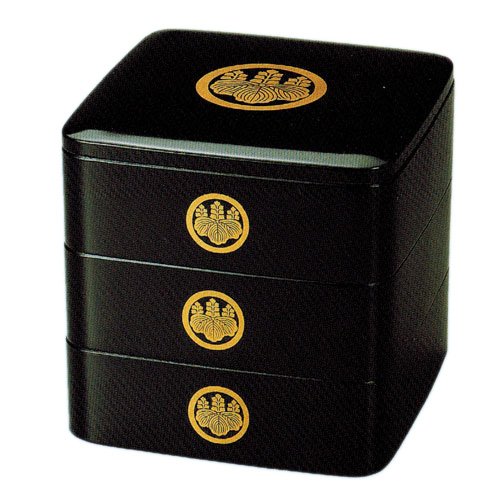 黒色金色装飾の3段重箱 会津塗り 本漆 枝松三段 重箱 会津