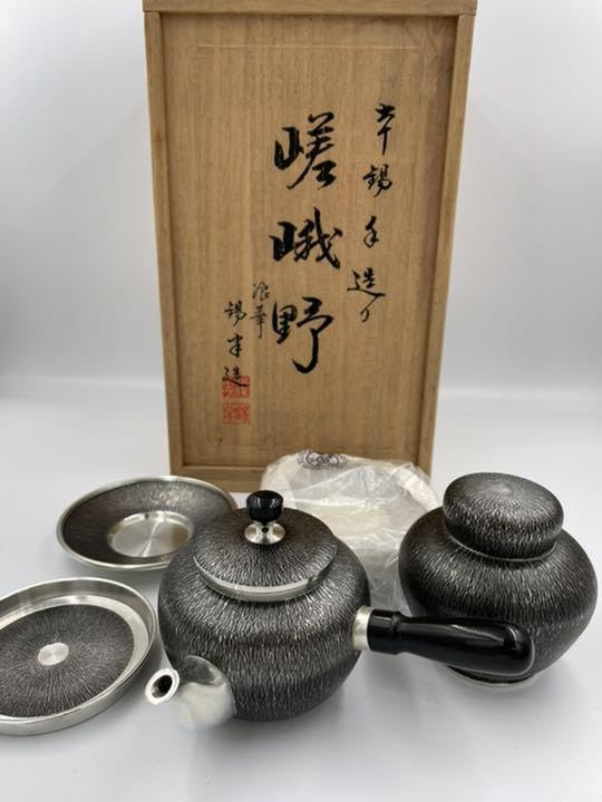 浪華 錫半造 本錫手造り 急須 茶壷 茶托五客など 五点一式 共箱 UR7848
