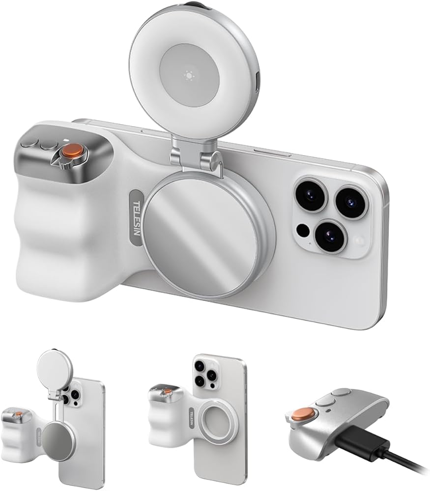 Amazon | TELESIN マグネットスマホグリップ（ホワイト）+自撮りライト
