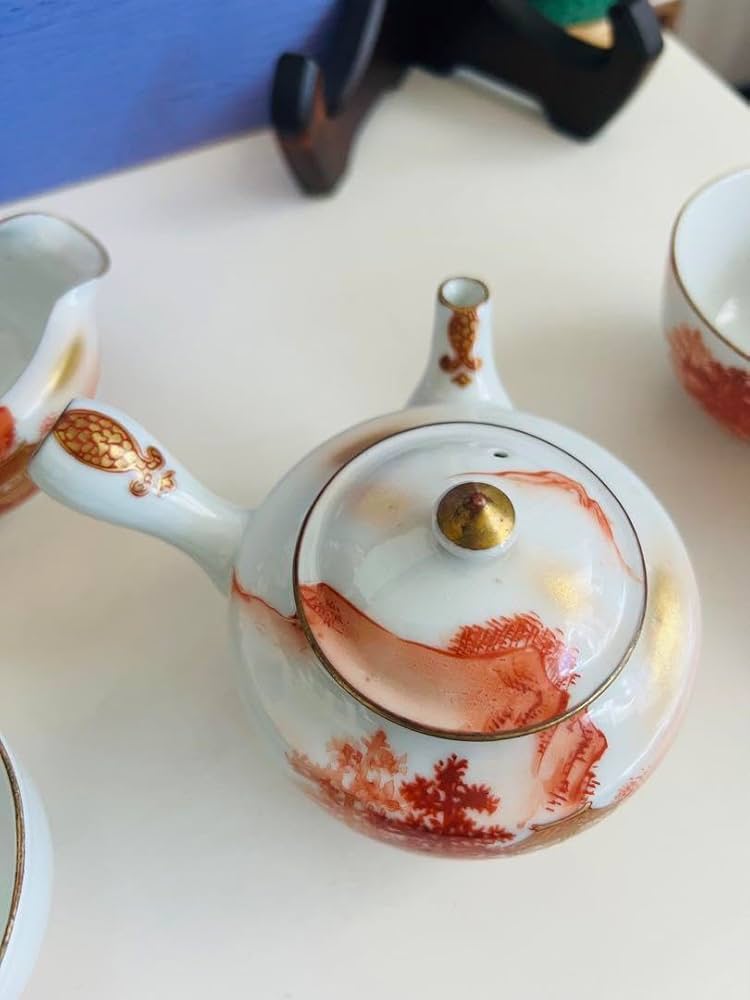 稀少 時代古物 古九谷 赤絵 金彩山水閣楼紋 煎茶器 急須/煎茶碗/湯冷 5点