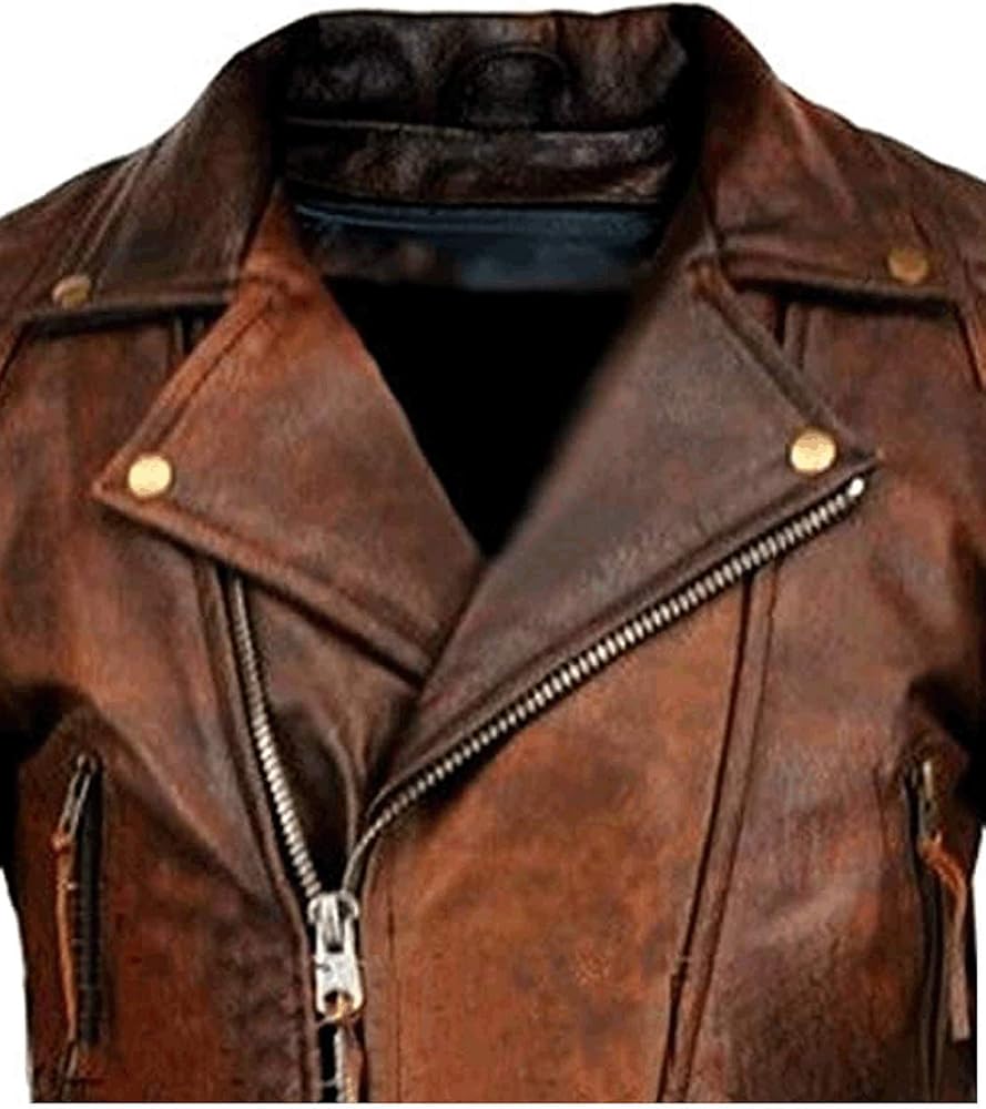Mens Biker Motorcycle Vintage Distressed Brown Winter Leather