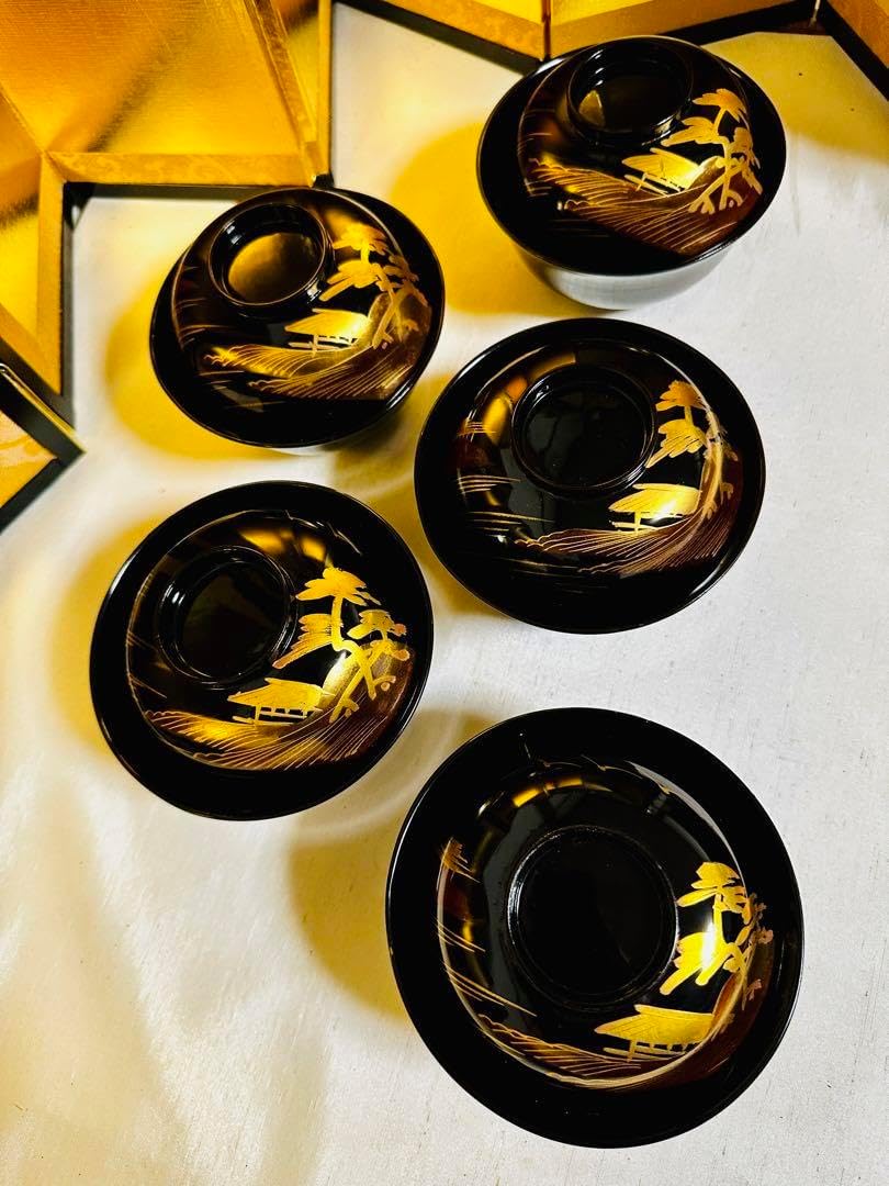 輪島塗木製 お椀 吸物椀 本金 骨董 時代蒔絵 5脚 G57輪島塗木製 お椀