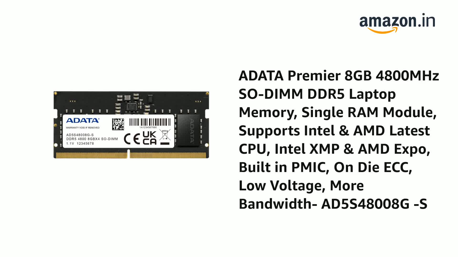 Amazon.in: Buy ADATA Premier 8GB 4800MHz SO-DIMM DDR5 Laptop