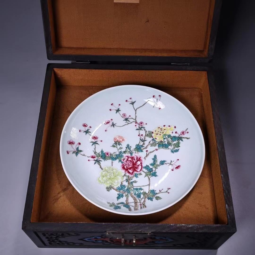 中国古美術・珍蔵粉彩・花鳥絵陶磁器の中皿・純手描き・木箱付・文房具