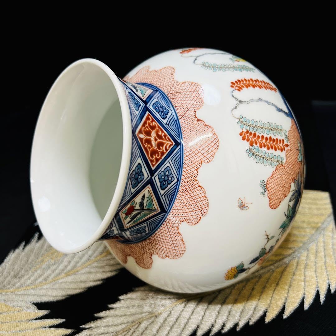 11代酒井田柿右衛門 人間国宝 染錦 花鳥図 大花瓶 二重渦福 角福 本物