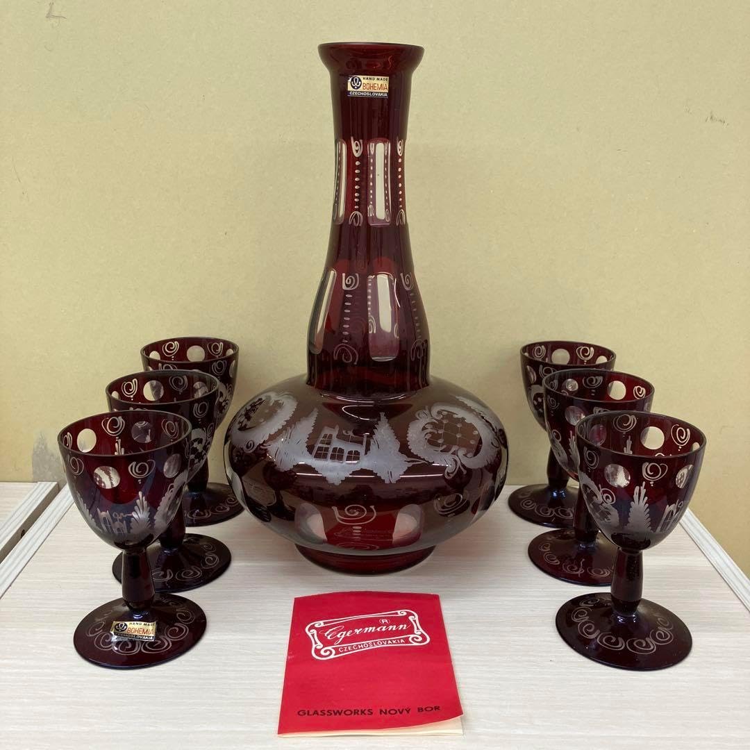 ボヘミアングラス デキャンタ ショットグラス6個セット □【未使用