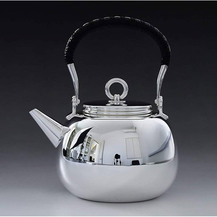 純銀製 三木造 槌目砲口 虹色 平寶珠形湯沸 箱付 銀瓶 煎茶道具 純銀