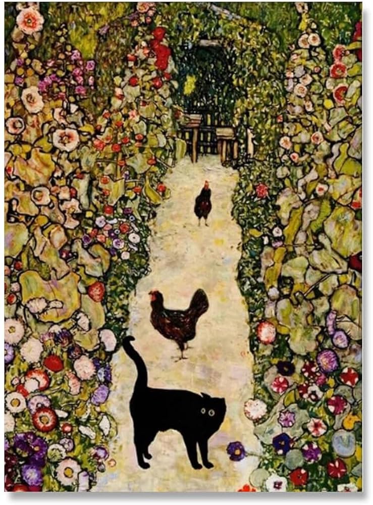 キャンバス油絵 専用 黒猫ガーデン クリムト風フラワーガーデン