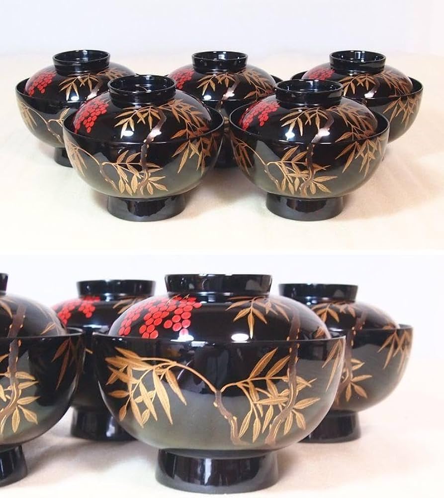 Amazon.co.jp: 輪島塗 元岡光漆堂謹製 南天蒔絵 吸物椀 5客 汁椀お椀