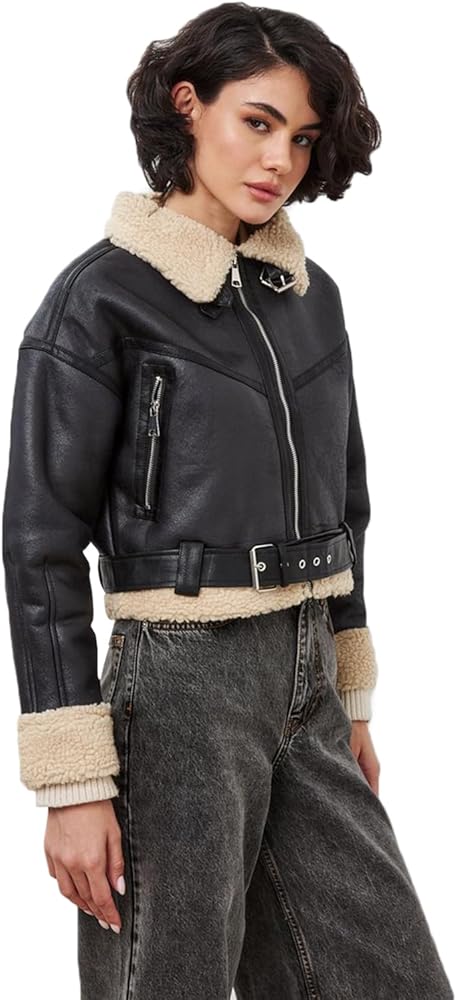 LY VAREY LIN Winter Women Faux Lamb Fur Leather Short Jacket Lapel
