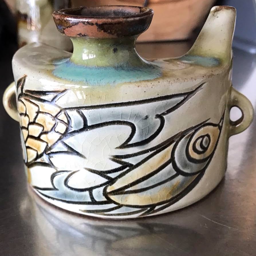 女性陶芸作家 宮城須美子さん 大きな双魚紋の抱瓶 幅約27センチ！ 花器