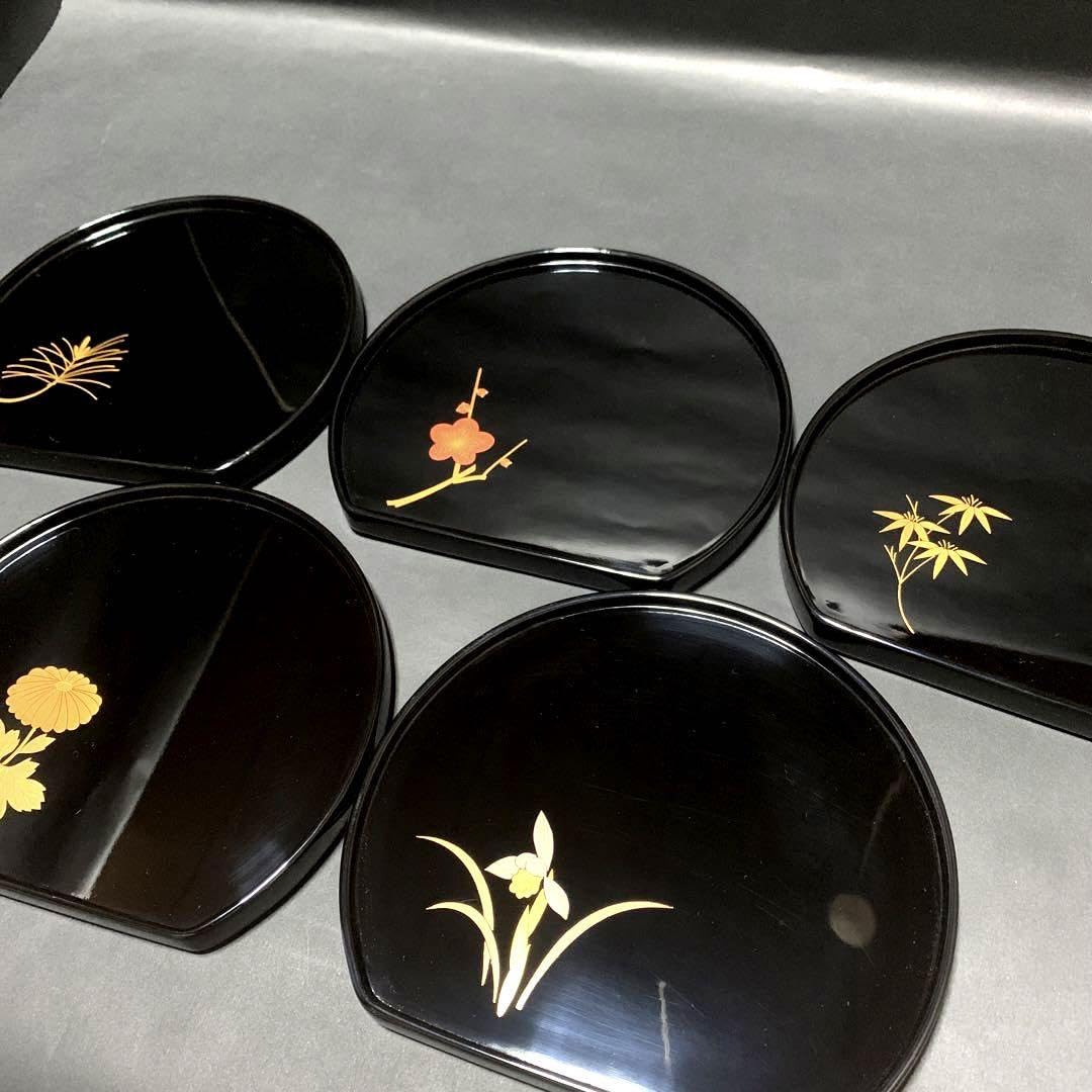 源氏】 組橋貞風 作 輪島塗 歌仙 蒔絵 銘々皿 5客 絵変り 菓子