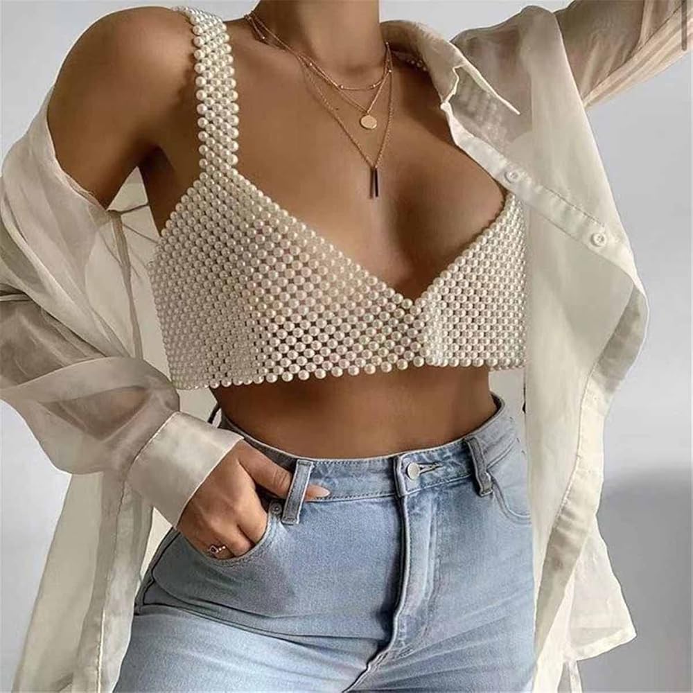 Women Sexy Pearls Beaded Cami Top Pearl Crop Top Spaghetti Strap