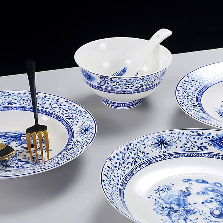 Amazon.co.jp: 伝統的な中国の食器セット、56 個の磁器青と白の磁器皿