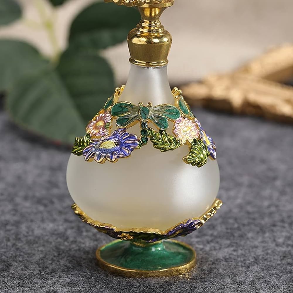 1929年製 英国製◇蓋純銀製 瓶純銀と花デザイン切子 蓋付き小瓶（香水