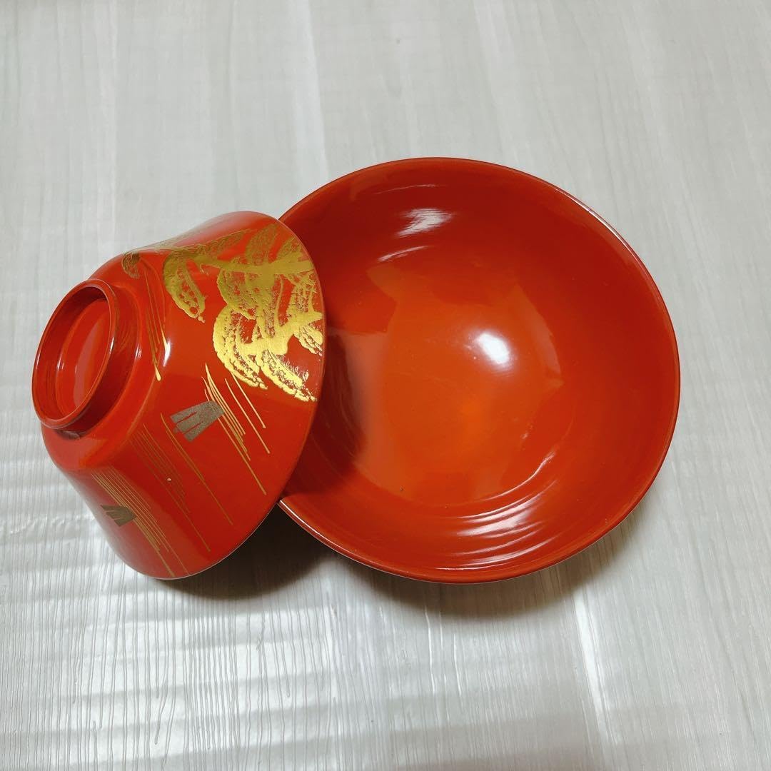 輪島塗 朱塗 大平椀 磨蒔絵 秋草の図 4客 輪島塗 朱塗 波千鳥撫子蒔絵