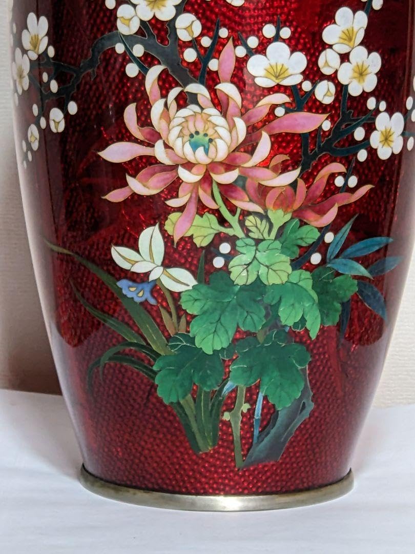 Amazon.co.jp: 七宝焼 赤透け 彫金 釉下 竹に梅花文 瓶 壺 花瓶