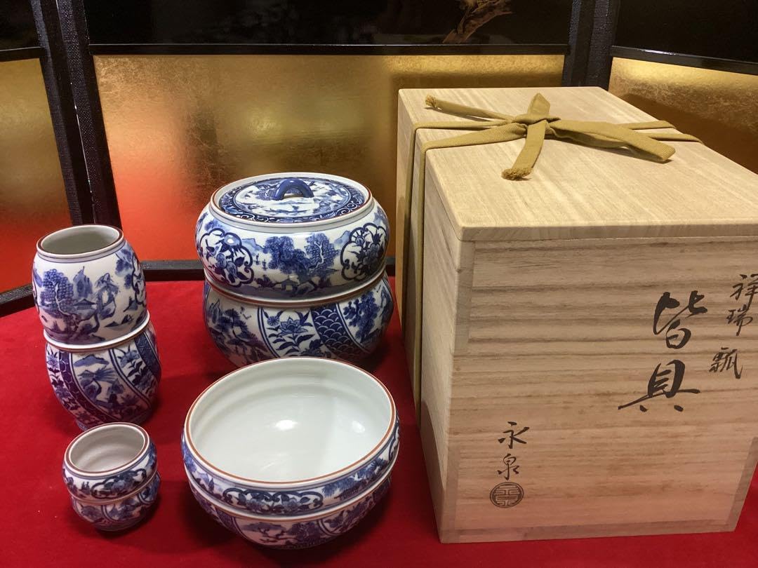 茶道具 皆具 祥瑞 染付 山水 瓢 永泉作 共箱 共布付 ※