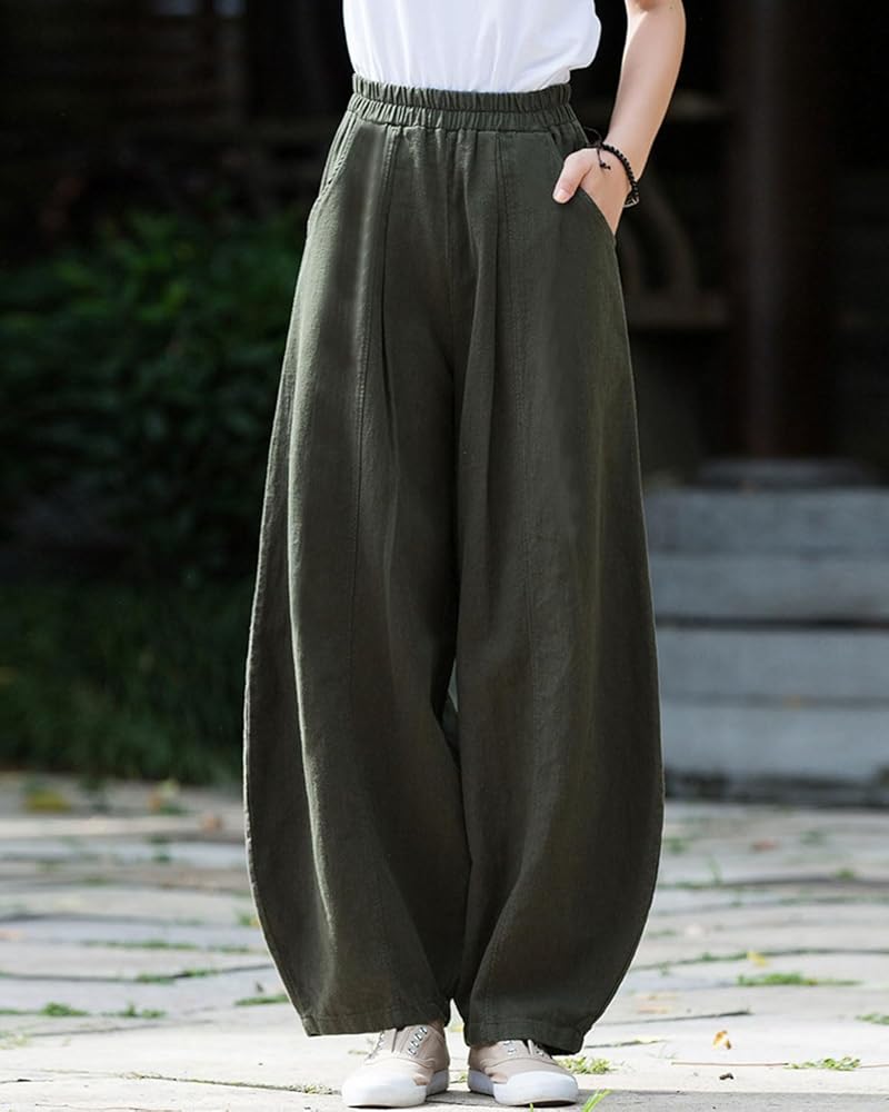 IXIMO Women's Casual Cotton Linen Baggy Pants with Elastic Waist