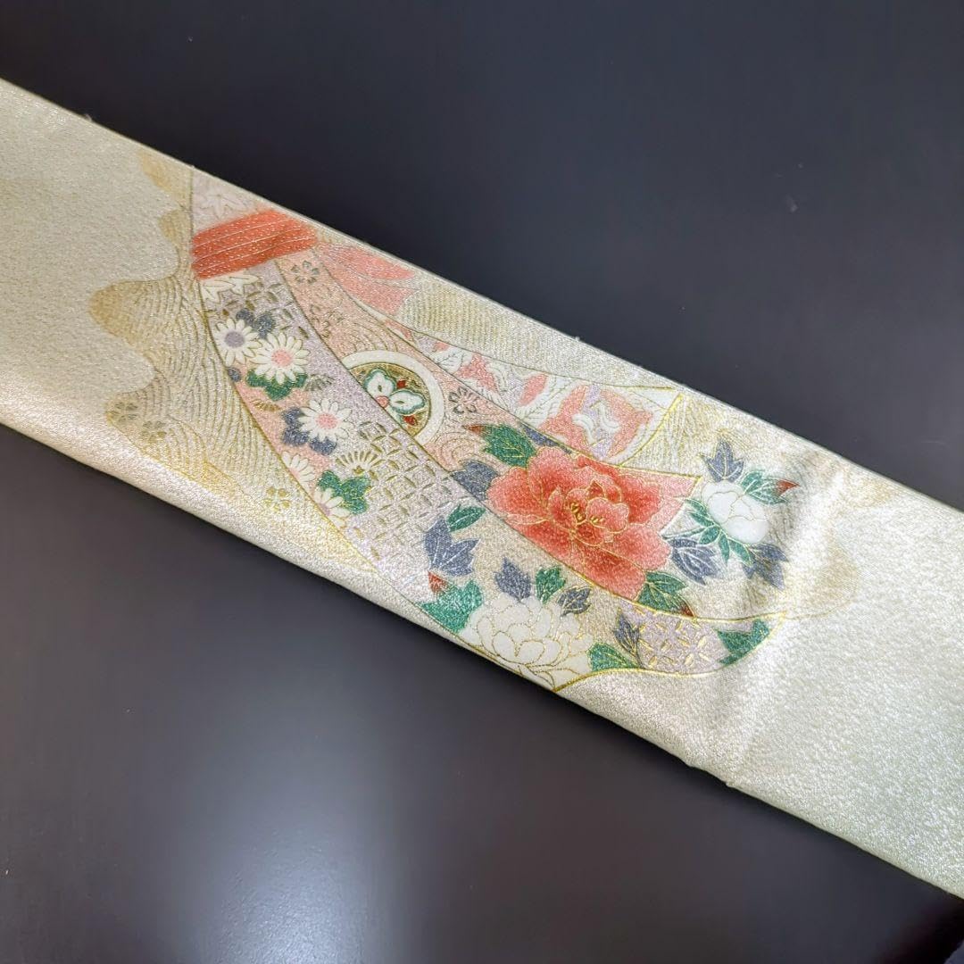 H-468 袋帯 正絹 お太鼓柄 銀糸 つづれ織り 華模様 牡丹 七宝柄