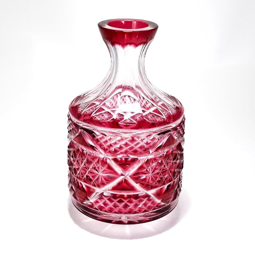 ヤマザキガラス製 薩摩切子 南蛮赤 矢来籠目 菊透かし紋様 栞＆共箱