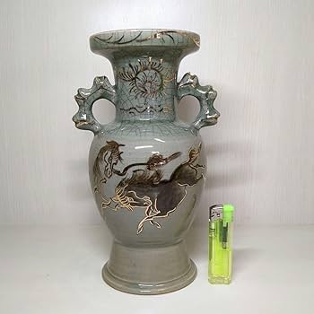 古い大堀相馬焼骨董希少品。特大，大形冰裂開片壺 描金