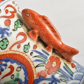 Amazon.co.jp: 中国 大明萬暦年製款 赤絵 雲龍花文 双魚耳瓶 時代箱付