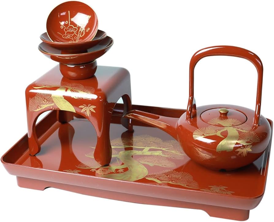 Amazon.co.jp: 日本製 屠蘇器 総朱 松竹梅 枠足 四ツ揃 会津塗り