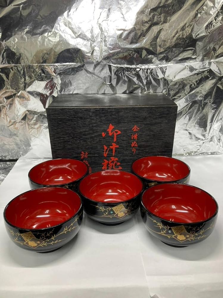 Amazon.co.jp: 会津塗 お汁椀 5客セット 特選漆器 溜色紙柳布袋椀 最