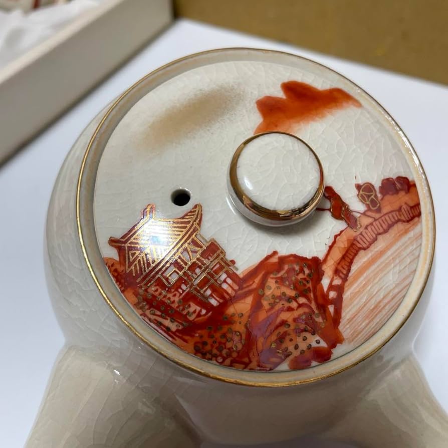 煎茶道具 九谷焼 赤絵金彩 人物花文 煎茶碗 五客 碗筒付 M