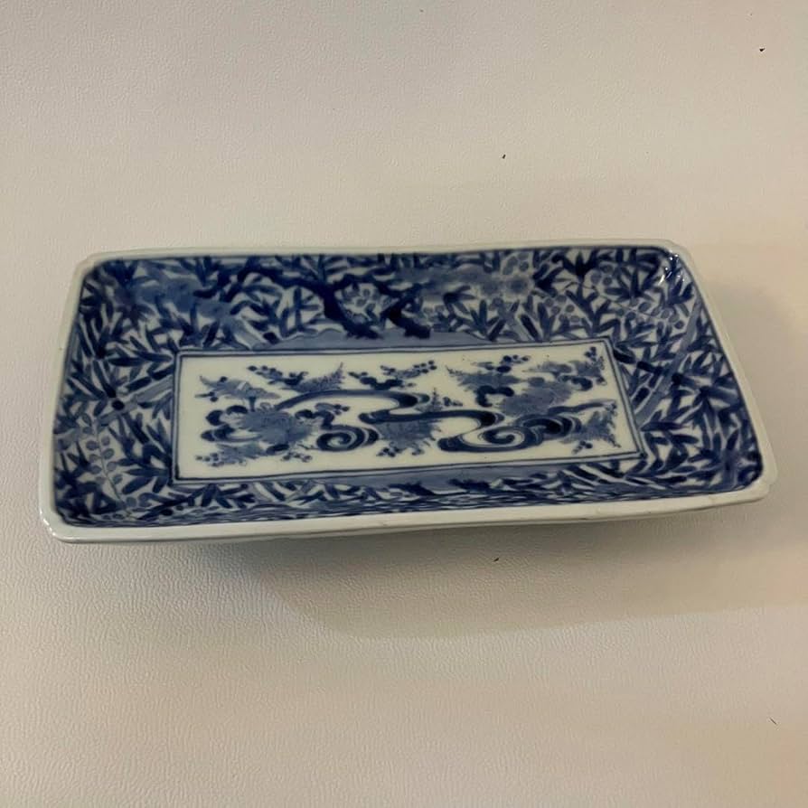 骨董 アンティーク 古伊万里 染付 水車波文様 長方皿 長皿 料理 懐石