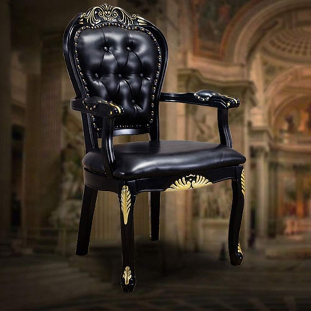 彫刻装飾付き木製椅子 黒革座面 彫刻装飾付き木製椅子 黒革